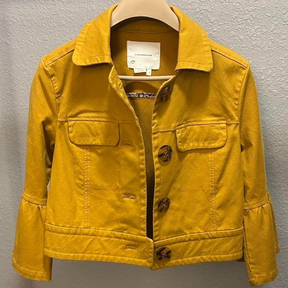 Anthropologie Nora Flounce Sleeved Trucker Jacket in Mustard - S - Picture 11 of 15